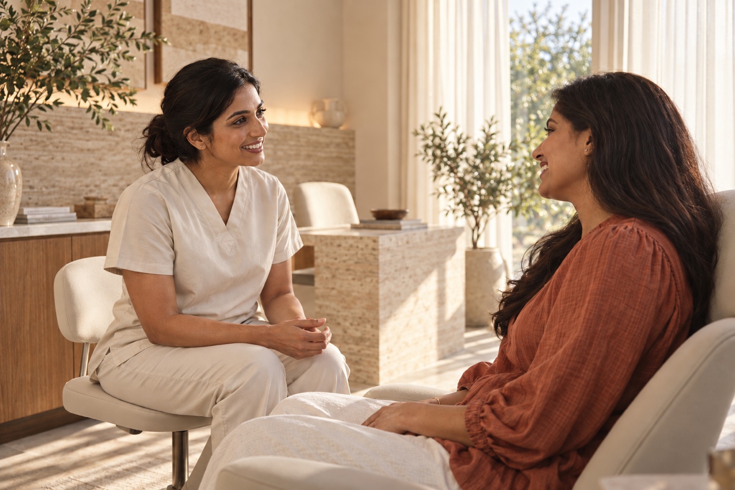 A dentist and patient in a naturally lit consultation room