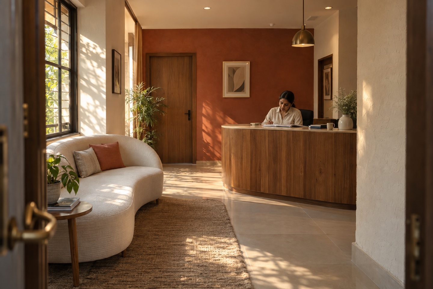 Illustrative independent clinic reception with warm light and a receptionist preparing for the day