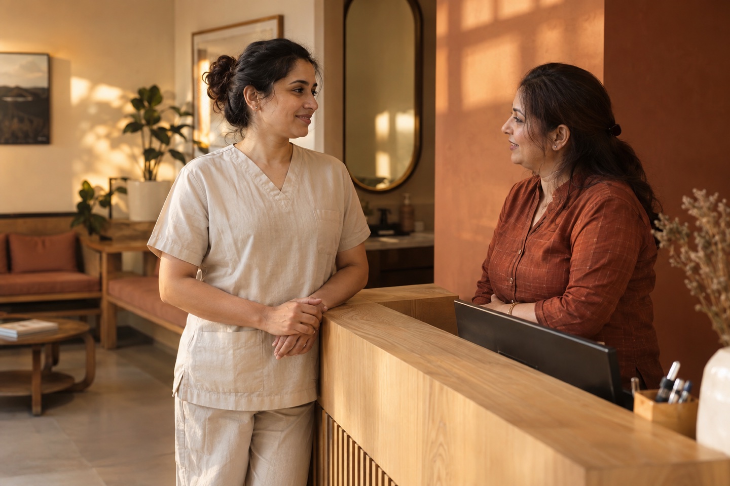 Illustrative clinic scene: a dentist and receptionist sharing a conversation in warm afternoon light