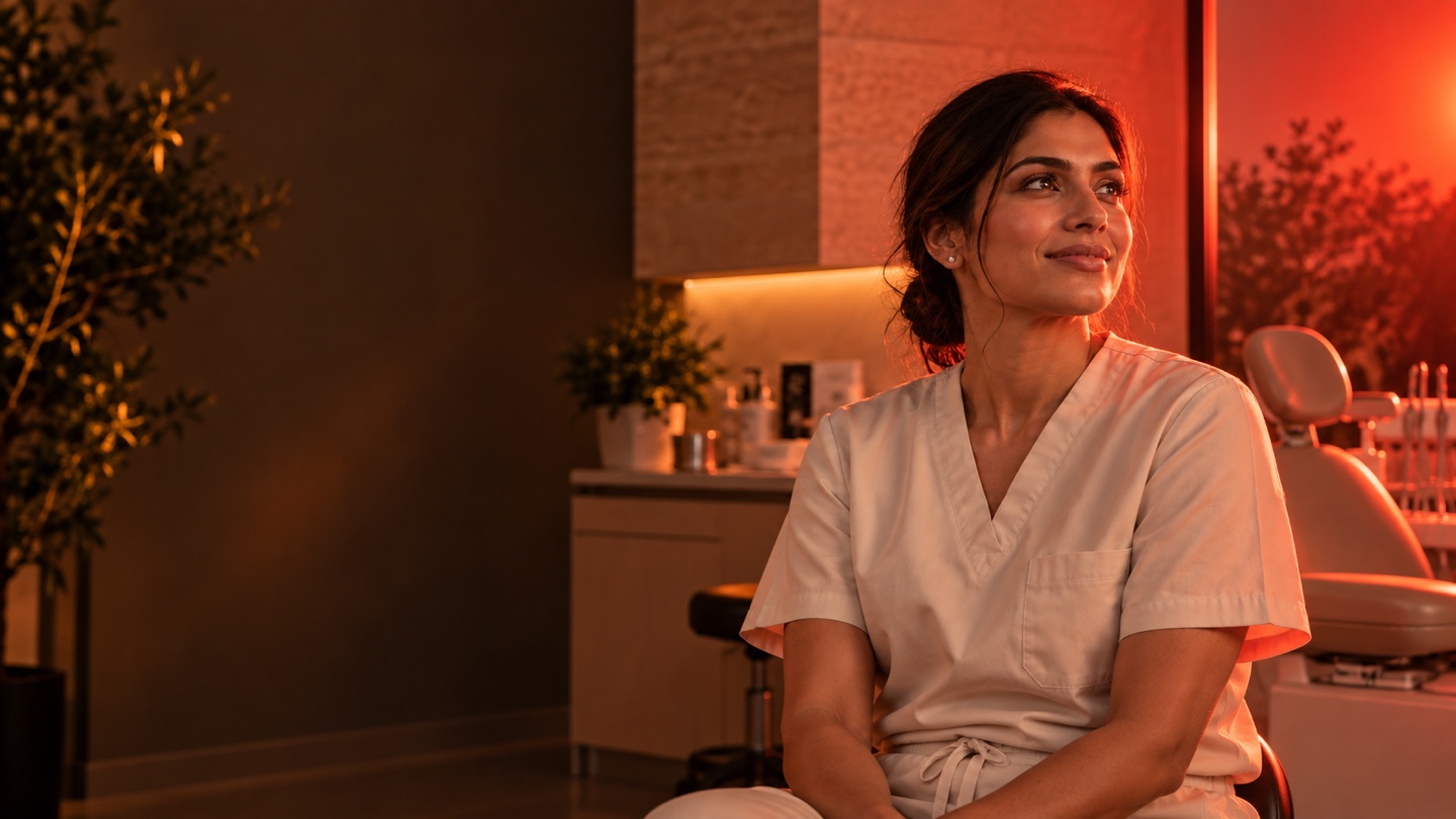 A dentist in the warm amber and red light of her practice